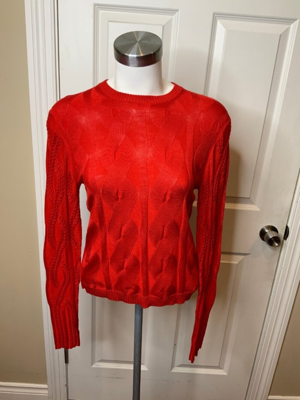 Chloe Red Thin Cable Knit Wool Silk Crew Neck Sweater, Size L
